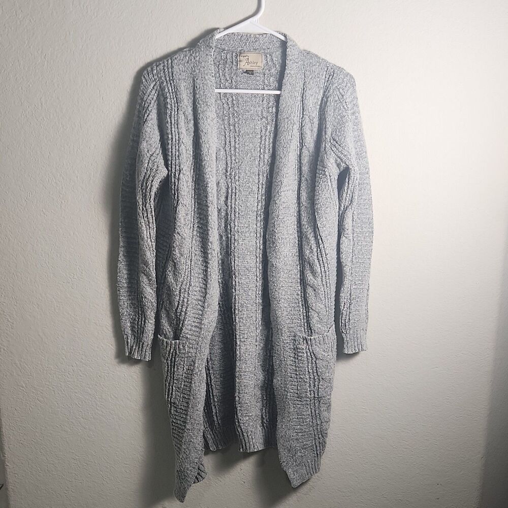 Ashley Womens M Gray Cable-Knit Open Front Cardigan Sweater Long Sleeve Pockets